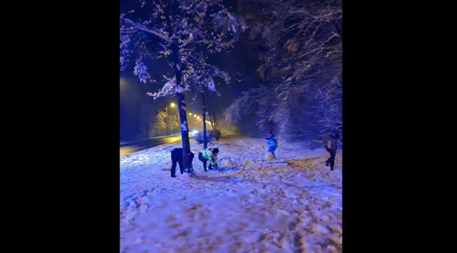 VIDEO Doi polițiști din Sibiu s-au luat la bătaie cu bulgări de zăpadă cu doi copii