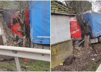 Casă dărâmată parţial de un TIR scăpat de sub control
