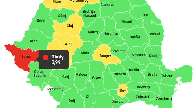 Judeţul Timiş se menţine în zona roşie. Rata de infectare a crescut de la 3,90 la 3,99 cazuri la mia de locuitori