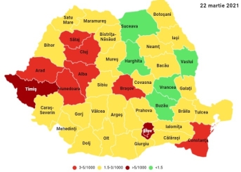 Judeţul Arad a intrat în zona roşie cu o incidenţă de 3,00 cazuri de infectare la mia de locuitori