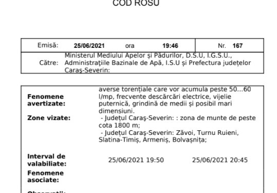 COD ROȘU de vijelii în județul Caraș-Severin