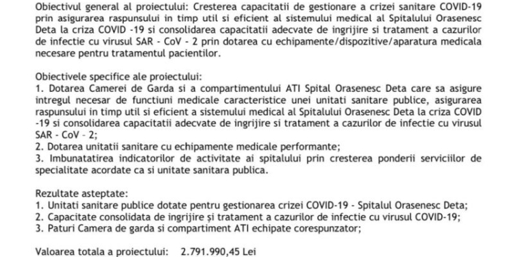 ANUNȚ ÎNCEPERE PROIECT – ”Dotare Camera de garda și compartiment ATI Spital Deta”