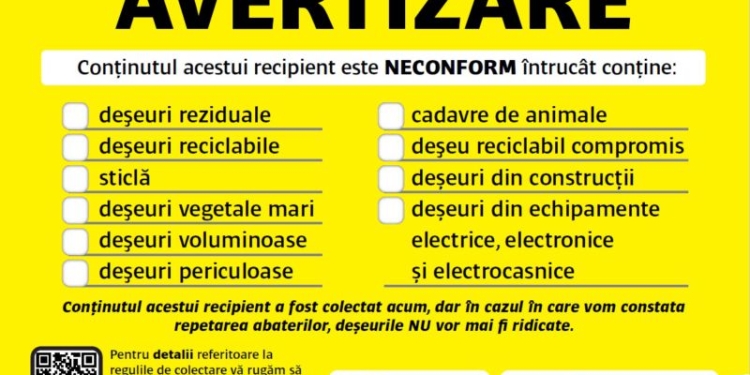 Eticheta galbenă pe pubela de gunoi înseamnă că nu colectați corespunzător deșeurile! Vezi aici ce amenzi prevede legea