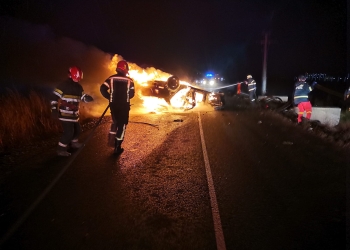 VIDEO. Incendiu violent! Mașină în flăcări pe o șosea din Vest