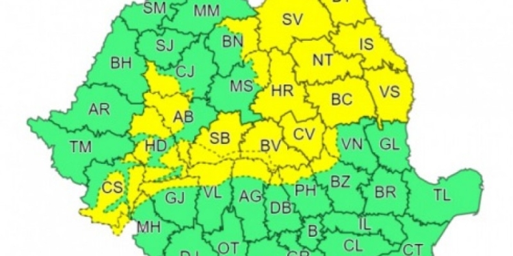 Cod galben de ninsori abundente în mare parte din țară