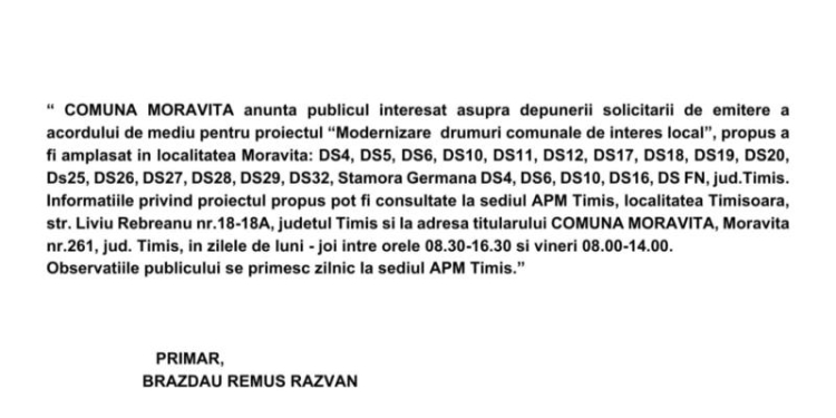 Anunț public privind depunerea solicitării de emitere a acordului de mediu