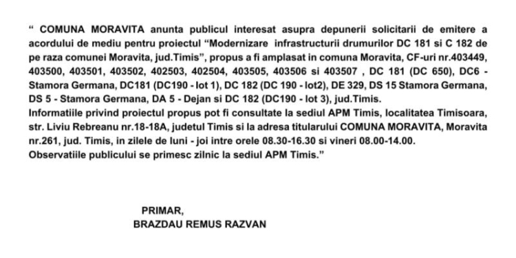 Anunț public privind depunerea solicitării de emitere a acordului de mediu