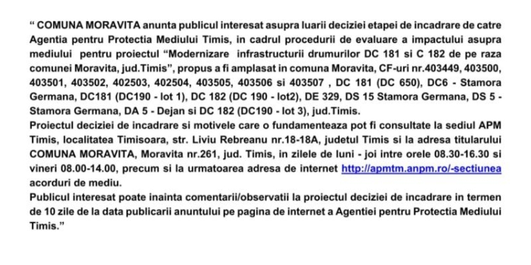 Anunț public privind decizia etapei de încadrare