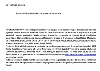 Anunț public privind decizia etapei de încadrare