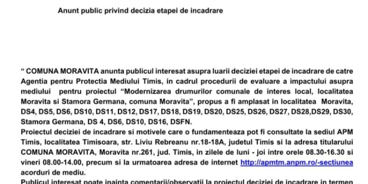 Anunț public privind decizia etapei de încadrare