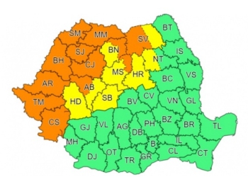 Cod portocaliu de ploi în vestul țării!