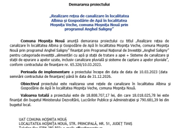 COMUNICAT DE PRESĂ – DEMARAREA PROIECTULUI „Realizare rețea de canalizare în localitatea Albina și Gospodărie de Apă în localitatea Moșnița Veche, comuna Moșnița Nouă prin programul Anghel Saligny