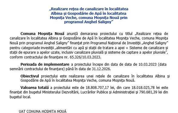 COMUNICAT DE PRESĂ – DEMARAREA PROIECTULUI „Realizare rețea de canalizare în localitatea Albina și Gospodărie de Apă în localitatea Moșnița Veche, comuna Moșnița Nouă prin programul Anghel Saligny