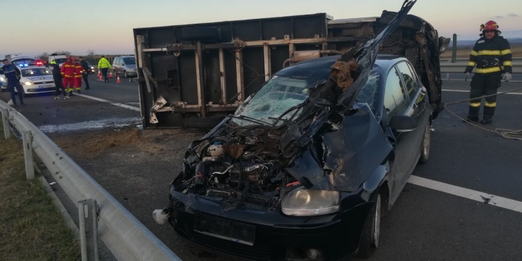 Accident între o mașină și o camionetă care transporta patru cai pe autostrada A1, în Timiș