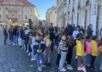 Copiii de la ansamblul de dansuri din Moravița, în vizită la expoziția „Brâncuși”