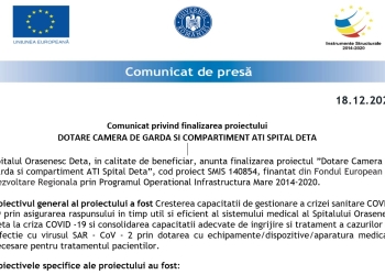 Comunicat privind finalizarea proiectului DOTARE CAMERA DE GARDA SI COMPARTIMENT ATI SPITAL DETA