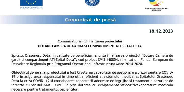 Comunicat privind finalizarea proiectului DOTARE CAMERA DE GARDA SI COMPARTIMENT ATI SPITAL DETA