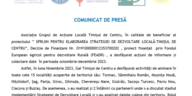 Comunicat de presă „SPRIJIN PENTRU ELABORAREA STRATEGIEI DE DEZVOLTARE LOCALĂ-TIMIȘUL DE CENTRU”