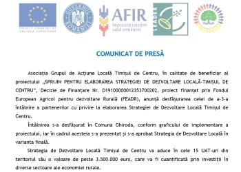 COMUNICAT DE PRESĂ „SPRIJIN PENTRU ELABORAREA STRATEGIEI DE DEZVOLTARE LOCALĂ-TIMIȘUL DE CENTRU”