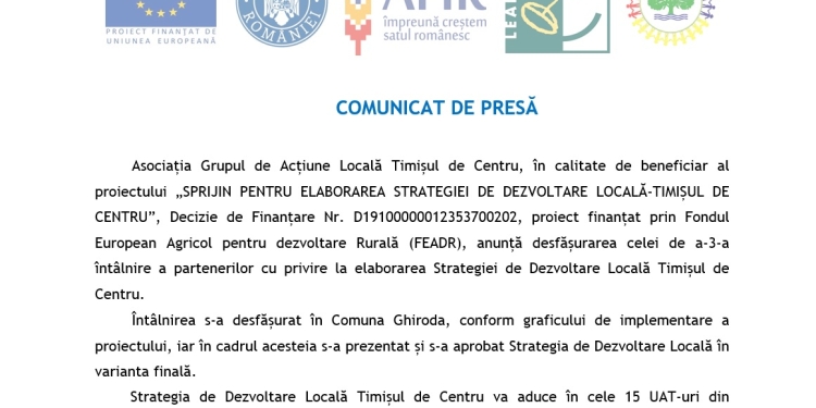 COMUNICAT DE PRESĂ „SPRIJIN PENTRU ELABORAREA STRATEGIEI DE DEZVOLTARE LOCALĂ-TIMIȘUL DE CENTRU”