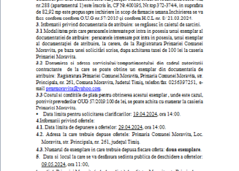 Anunț privind scoaterea la licitație a unui spațiu din Moravița în scop de farmacie