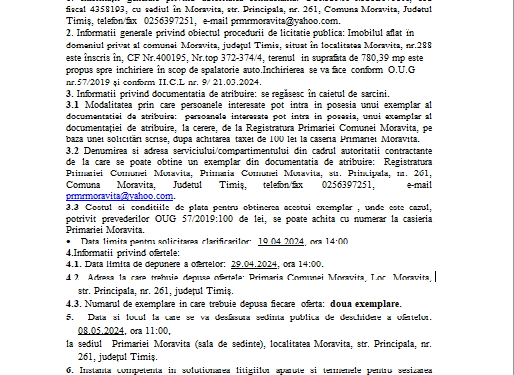Anunț privind scoaterea la licitație a unui spațiu din Moravița în scop de spălătorie auto