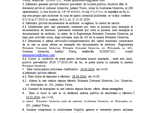 Anunț privind scoaterea la licitație a unui imobil din Moravița în scop de spațiu comercial