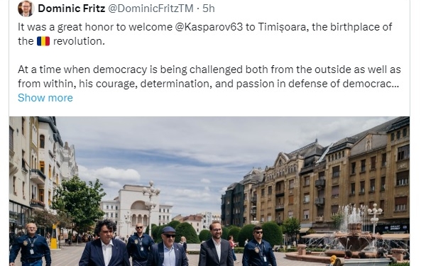 Mesajul legendei șahului mondial, Garry Kasparov pentru Timișoara: „Mulțumesc pentru ospitalitate și susținerea democrației!”