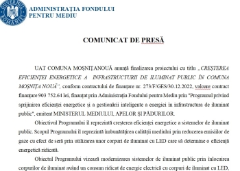 COMUNICAT DE PRESĂ „CREȘTEREA EFICIENȚEI ENERGETICE A INFRASTRUCTURII DE ILUMINAT PUBLIC ÎN COMUNA MOȘNIȚA NOUĂ”