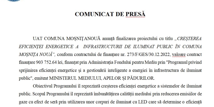 COMUNICAT DE PRESĂ „CREȘTEREA EFICIENȚEI ENERGETICE A INFRASTRUCTURII DE ILUMINAT PUBLIC ÎN COMUNA MOȘNIȚA NOUĂ”