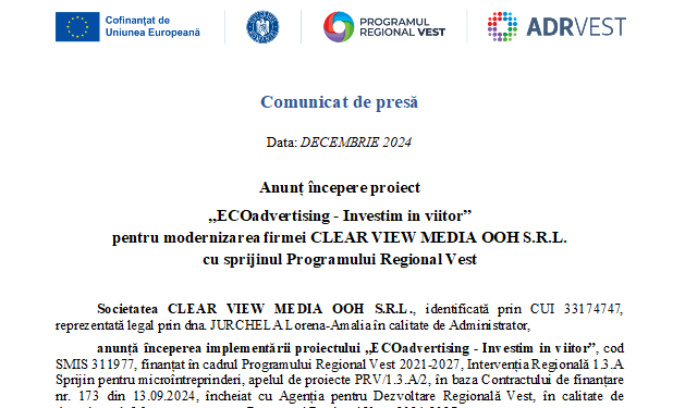 Anunț începere proiect „ECOadvertising – Investim in viitor”