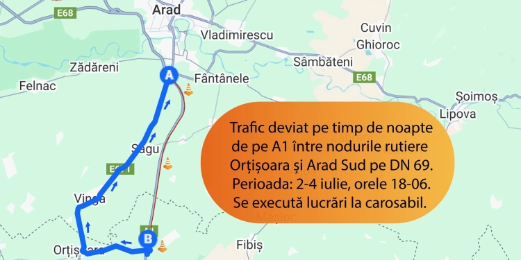 Lucrări pe timp de noapte pe autostrada A1, între Orțișoara și nodul rutier Arad Sud! Trafic deviat