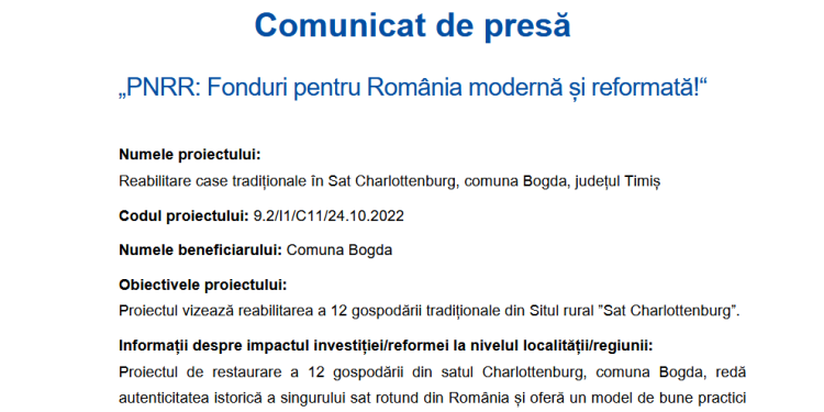 12 case tradiționale din satul Charlottenburg, reabilitate prin fonduri PNRR