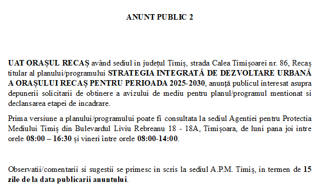 ANUNȚ PUBLIC 2 – depunerea notificării