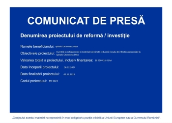 Investiții în echipamente și materiale destinate reducerii riscului de infecții nosocomiale la Spitalul Orășenesc Deta