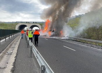 Camion încărcat cu fructe, în flăcări pe autostrada A1, între Deva și Timișoara