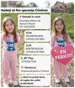 Apel la solidaritate: Cristina, fetița de 5 ani care nu se dă bătută, riscă să își întrerupă tratamentul vital