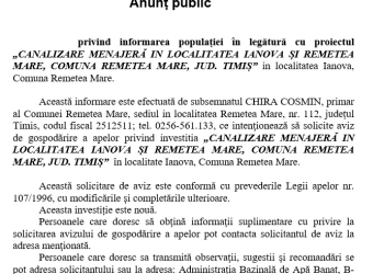Anunț public privind informarea populației în legătură cu proiectul „CANALIZARE MENAJERĂ IN LOCALITATEA IANOVA ȘI REMETEA MARE, COMUNA REMETEA MARE, JUD. TIMIȘ” in localitatea Ianova, Comuna Remetea Mare