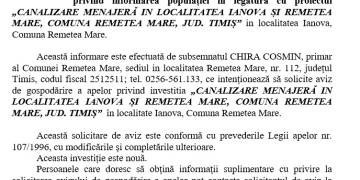 Anunț public privind informarea populației în legătură cu proiectul „CANALIZARE MENAJERĂ IN LOCALITATEA IANOVA ȘI REMETEA MARE, COMUNA REMETEA MARE, JUD. TIMIȘ” in localitatea Ianova, Comuna Remetea Mare