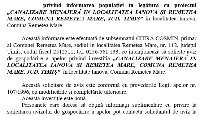 Anunț public privind informarea populației în legătură cu proiectul „CANALIZARE MENAJERĂ IN LOCALITATEA IANOVA ȘI REMETEA MARE, COMUNA REMETEA MARE, JUD. TIMIȘ” in localitatea Ianova, Comuna Remetea Mare