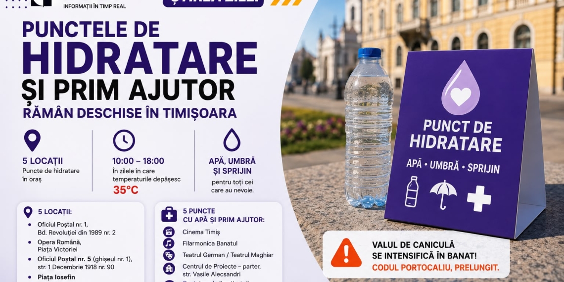 Rămân deschise punctele de prim ajutor și hidratare în Timișoara. Județul este sub cod portocaliu de căldură
