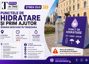 Rămân deschise punctele de prim ajutor și hidratare în Timișoara. Județul este sub cod portocaliu de căldură