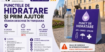 Rămân deschise punctele de prim ajutor și hidratare în Timișoara. Județul este sub cod portocaliu de căldură