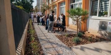 Elevii de la Liceul „Grigore Moisil”, la prima lecție în aer liber în curtea verde amenajată de Primăria Timişoara FOTO